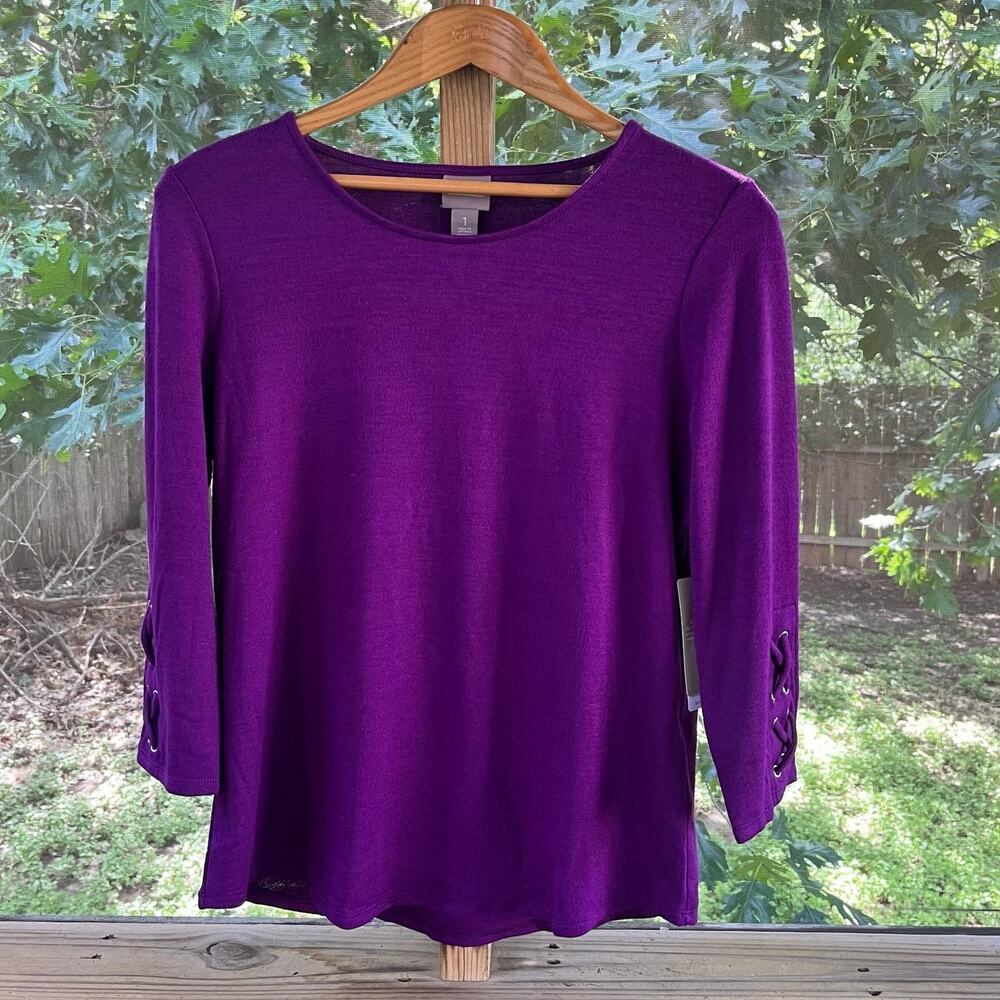 Chico's Supremely Soft Lace Up Sleeve Top Passion Plum Size 1 (U.S. M). NEW!